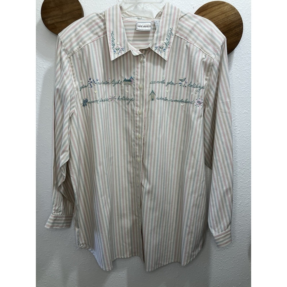 VTG Napa Valley 1X Striped Embroidered Holidays Winter Wonderland Button‎ Up